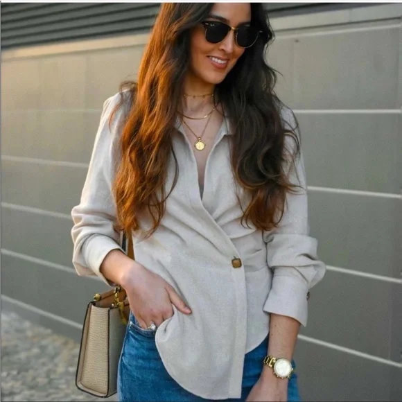 Zara Wool Blend Wrap Long Sleeve Side button Top Size S - Picture 5 of 15